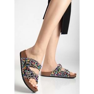 Feles Çift Toka Mantar Taban Taş Detaylı Kadın Terlik