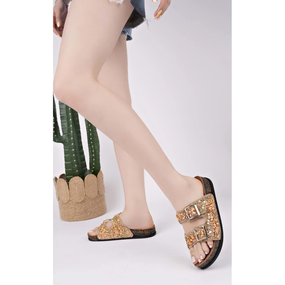 Feles Çift Toka Mantar Taban Taş Detaylı Kadın Terlik