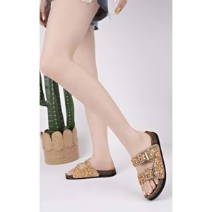 Feles Çift Toka Mantar Taban Taş Detaylı Kadın Terlik