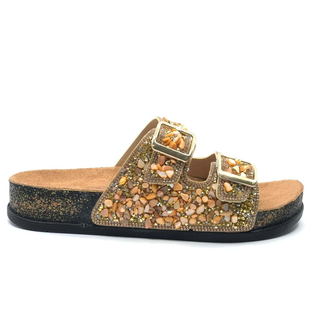 Feles Çift Toka Mantar Taban Taş Detaylı Kadın Terlik