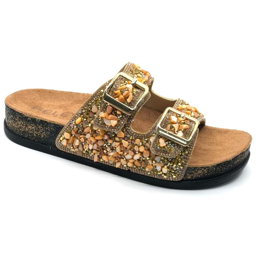 Feles Çift Toka Mantar Taban Taş Detaylı Kadın Terlik