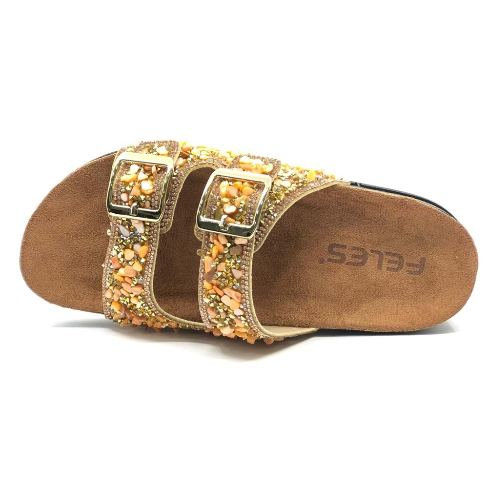 Feles Çift Toka Mantar Taban Taş Detaylı Kadın Terlik