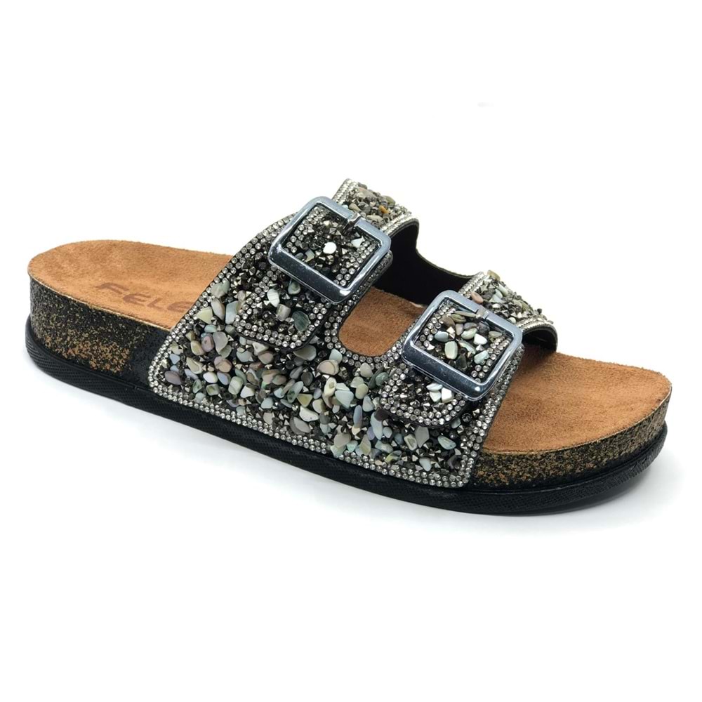 Feles Çift Toka Mantar Taban Taş Detaylı Kadın Terlik