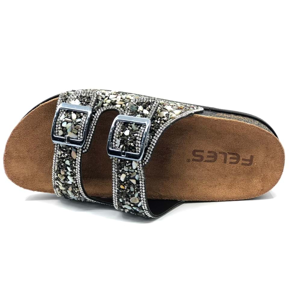 Feles Çift Toka Mantar Taban Taş Detaylı Kadın Terlik