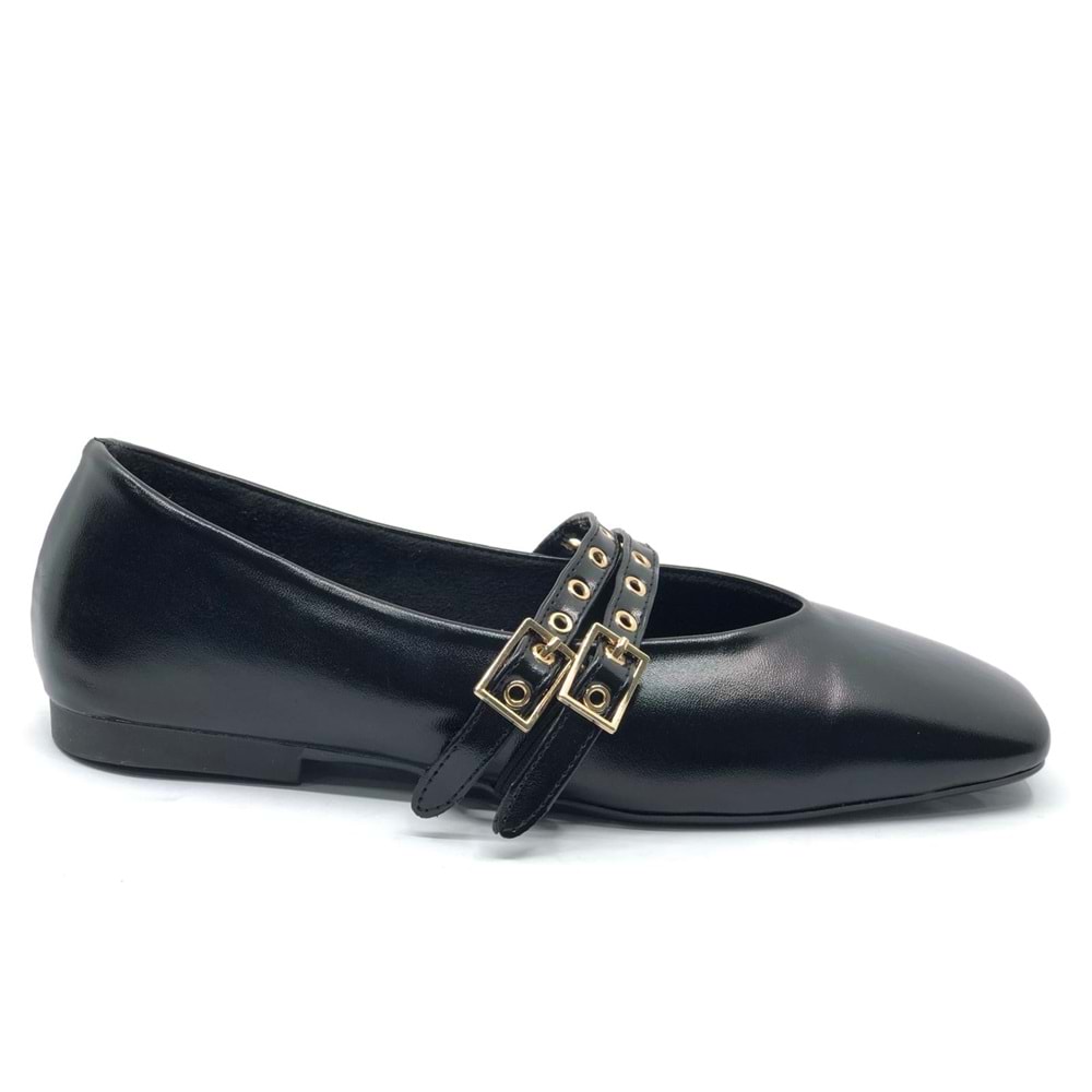 Feles Çift Kemer Detaylı Küt Burun Kadın Babet Ayakkabı