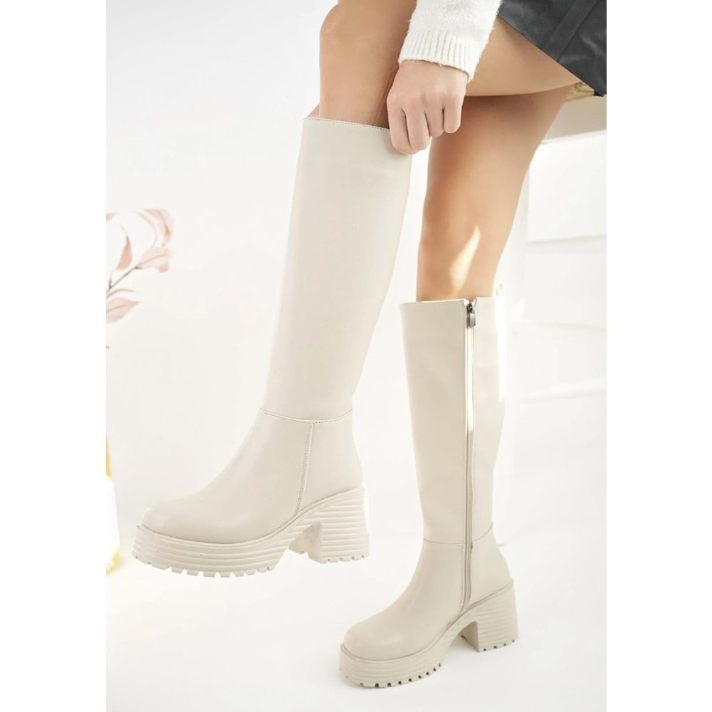 Seribo Kalın Topuk Streç Suni Deri Kadın Çizme