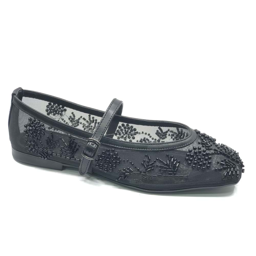 Feles Kemer Toka İnci Taş Detaylı Fileli Küt Burun Kadın Babet Ayakkabı