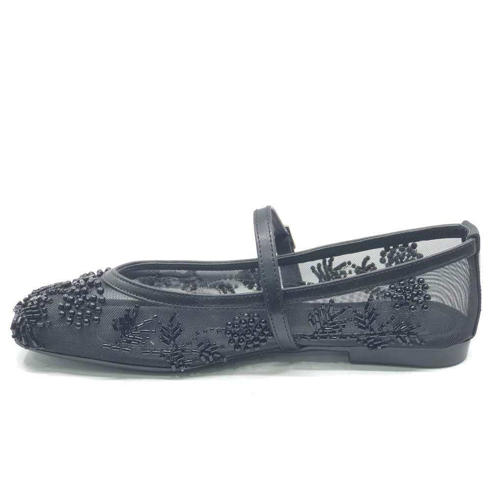 Feles Kemer Toka İnci Taş Detaylı Fileli Küt Burun Kadın Babet Ayakkabı