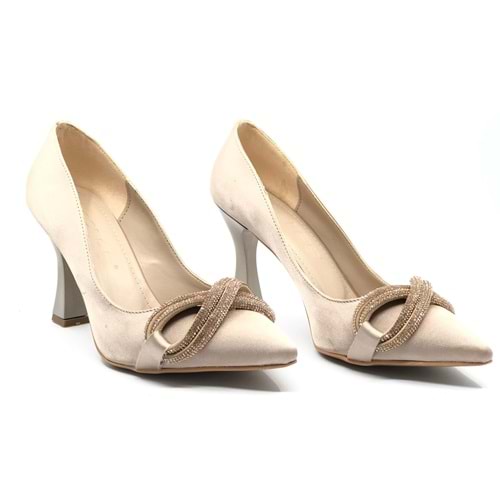 Feles Kadeh Topuk Taşlı Saten Stiletto Kadın Topuklu Ayakkabı